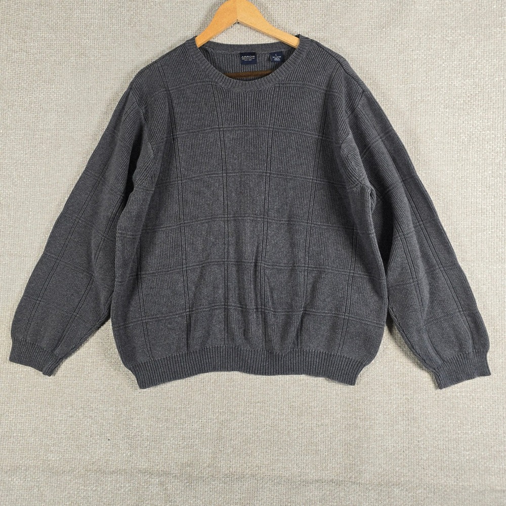 Arrow Mens Gray Cotton Windowpane Grid Textured Crewneck Pullover Sweater Large